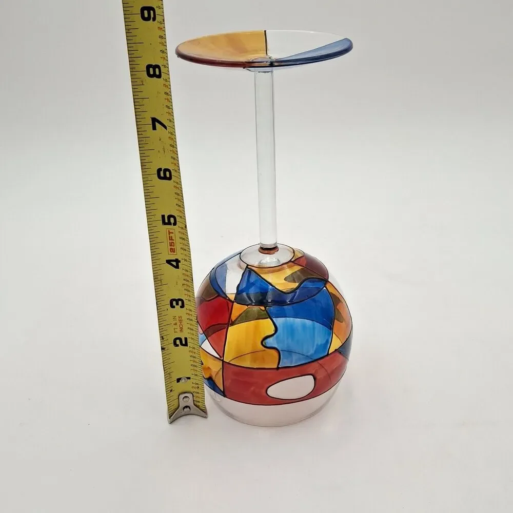 Colorful Hand painted Stemmed Wine Glass  8 3/8